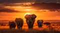 A serene herd of elephants grazing in the golden savannah at sunrise