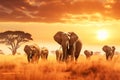 A serene herd of elephants grazing in the golden savannah at sunrise