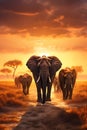 A serene herd of elephants grazing in the golden savannah at sunrise