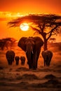 A serene herd of elephants grazing in the golden savannah at sunrise
