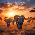 A serene herd of elephants grazing in the golden savannah at sunrise