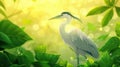 Serene Grey Heron in Lush Green Foliage, Sunlight Dappled Royalty Free Stock Photo