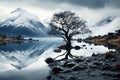 Solitary Tree in Snowy Mountain Reflection. Generative AI Royalty Free Stock Photo