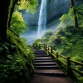 Serene hiking trail with majestic waterfall