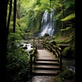 Serene hiking trail with majestic waterfall