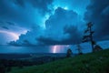 Serene hilltop landscape under a dramatic nightscape of electrifying thunderclouds and lightning bolts. Generative AI Royalty Free Stock Photo