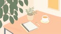 Serene Home Office Setup with Plant, Notebook, and Tea on Desk Royalty Free Stock Photo