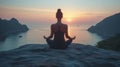 Tranquil meditation at sunrise on a cliff overlooking a calm ocean horizon Royalty Free Stock Photo