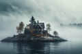 Serene House island foggy lake. Generate Ai