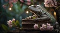 Green Iguana Resting on a Wicker Basket Amidst Cherry Blossoms and Fairy Lights Royalty Free Stock Photo