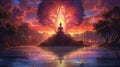 Illustration of buddha on rock in peaceful lake at sunset