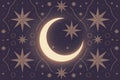Serene celestial pattern featuring a radiant crescent moon and twinkling stars Royalty Free Stock Photo