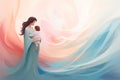 Serene illustration of a mother cradling her child with a soft, colorful background