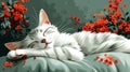 Peaceful White Kitten Sleeping Amidst Red Flowers Royalty Free Stock Photo