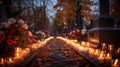 A serene image for All Saints\' Day candles and flowers, gravestones bathed in soft candlelight, AI generated