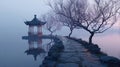 Serene Misty Lake with Pathway and Pavilion Reflections in Peaceful Atmospheric Nature Setting Royalty Free Stock Photo