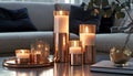 The ambient glow of rose gold candle holders, creating an atmosphere of warmth and refinement in a living