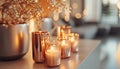 The ambient glow of rose gold candle holders, creating an atmosphere of warmth and refinement in a living