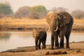 African Elephants by Waterhole, Wildlife Conservation Concept