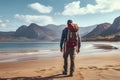 Solitude on the Sandy Beach: Man Walking with Backpack