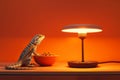 Lizard basking under lamp light with orange background and bowl of snacks Royalty Free Stock Photo