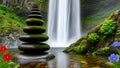 Zen Stone Stack Waterfall Serene Nature, Balance, Meditation Royalty Free Stock Photo