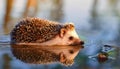 Hedgehog Wading in Tranquil Morning Waters, Discovering Natures Hidden Beauty amidst Dewkissed Greenery and Gentle Fog, Perfect Royalty Free Stock Photo