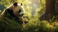 A tranquil panda munching on bamboo in a warm, sunlight-filled forest setting