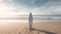 Surfboard standing up on sand on beach Royalty Free Stock Photo