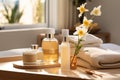 A serene image of a spa setting with curcuma-infused beauty products, highlighting its use in skincare. Generative Ai Royalty Free Stock Photo