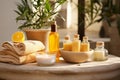 A serene image of a spa setting with curcuma-infused beauty products, highlighting its use in skincare. Generative Ai