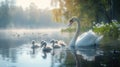 A serene scene of a swan with its cygnets gliding across a tranquil lake surrounded by lush greenery and soft morning light