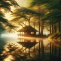Serene image of a traditional house on stilts surrounded by misty trees and reflections on the water Royalty Free Stock Photo