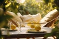 A serene image of a tranquil outdoor setting, featuring a hammock under a lemon tree with a glass of lemonade on a side table,