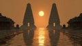 Ancient Twin Temples at Sunset Reflection Royalty Free Stock Photo