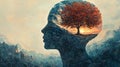 A serene and imaginative depiction of a human head in profile, filled with a vibrant internal landscape featuring a tree Royalty Free Stock Photo
