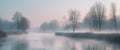 Serene Impressionist Landscape Misty River Dawn Tranquil Atmosphere Silhouettes of Trees Royalty Free Stock Photo