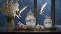Arctic Terns and Orchids in a Window Scene Royalty Free Stock Photo