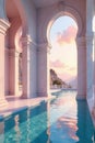 Serene infinity pool with architectural arches at sunset, reflecting a peaceful and tranquil atmosphere. Generative AI Royalty Free Stock Photo