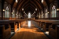 Serene Interior of a Catholic Church with Altar, Pulpit, and Pews AI Generated Royalty Free Stock Photo