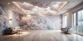 Serene interior design a dreamlike room with pastel cloud wall murals and soft lighting, embracing tranquility and spaciousness. Royalty Free Stock Photo