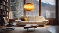 Cozy winter modern mid century interior pendant light, mountain view. Warm Lighting Royalty Free Stock Photo