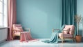 Serene interior design with pastel-colored armchairs and draped throws against a calm aqua wall. Generative AI Royalty Free Stock Photo
