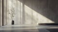 A serene interior space features a single plant in a vase sunlight streaming through a window and a long low bench The image Royalty Free Stock Photo