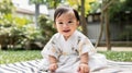 Serene Japanese Baby Sitting on a Beautiful Lawn AI Generated