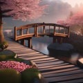 A serene Japanese cherry blossom garden with a wooden bridge and blossoming trees2 Royalty Free Stock Photo