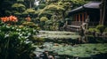 Serene Japanese Garden With Exotic Atmosphere And Dreamlike Architecture Royalty Free Stock Photo