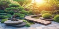 Serene Japanese garden featuring a winding path, pond, and lush greenery Royalty Free Stock Photo