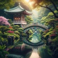 A serene Japanese garden with a gracefully arched bridge spanning a tranquil koi pond. Royalty Free Stock Photo