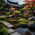A serene Japanese garden with a koi pond, bonsai trees, and stepping stone pathways1